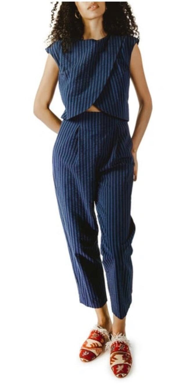 Madri Collection Crossover Nursing Jumpsuit, Post Partum Seersucker Blue Stripe